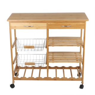 Double Drawer/ Shelft Bamboo Kitchen Trolley